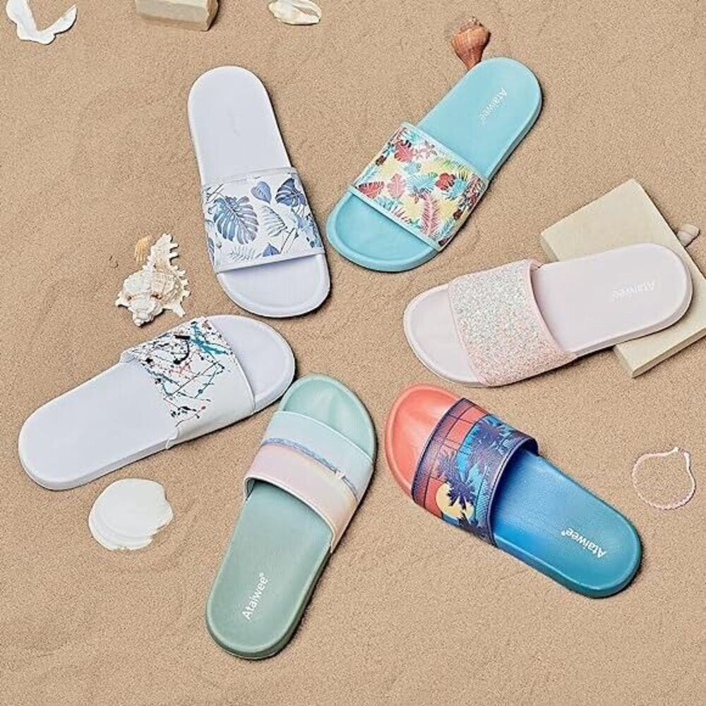 NEW Beach Slides Sandals Size 10 Sunset Palm Tree Blue Slip On Comfort Unisex - Picture 16 of 16